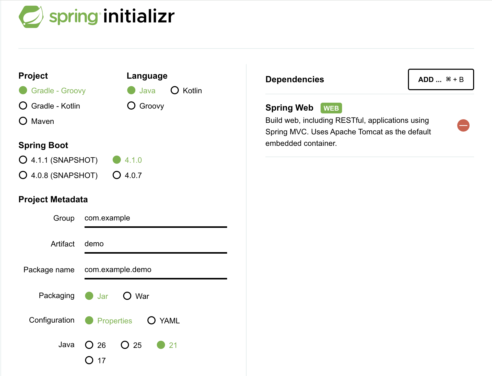 Spring Initializr 설정 화면 - Gradle-Groovy, Java, Spring Boot 4.1.0, com.example/demo, Jar, Java 21, Spring Web 의존성 추가